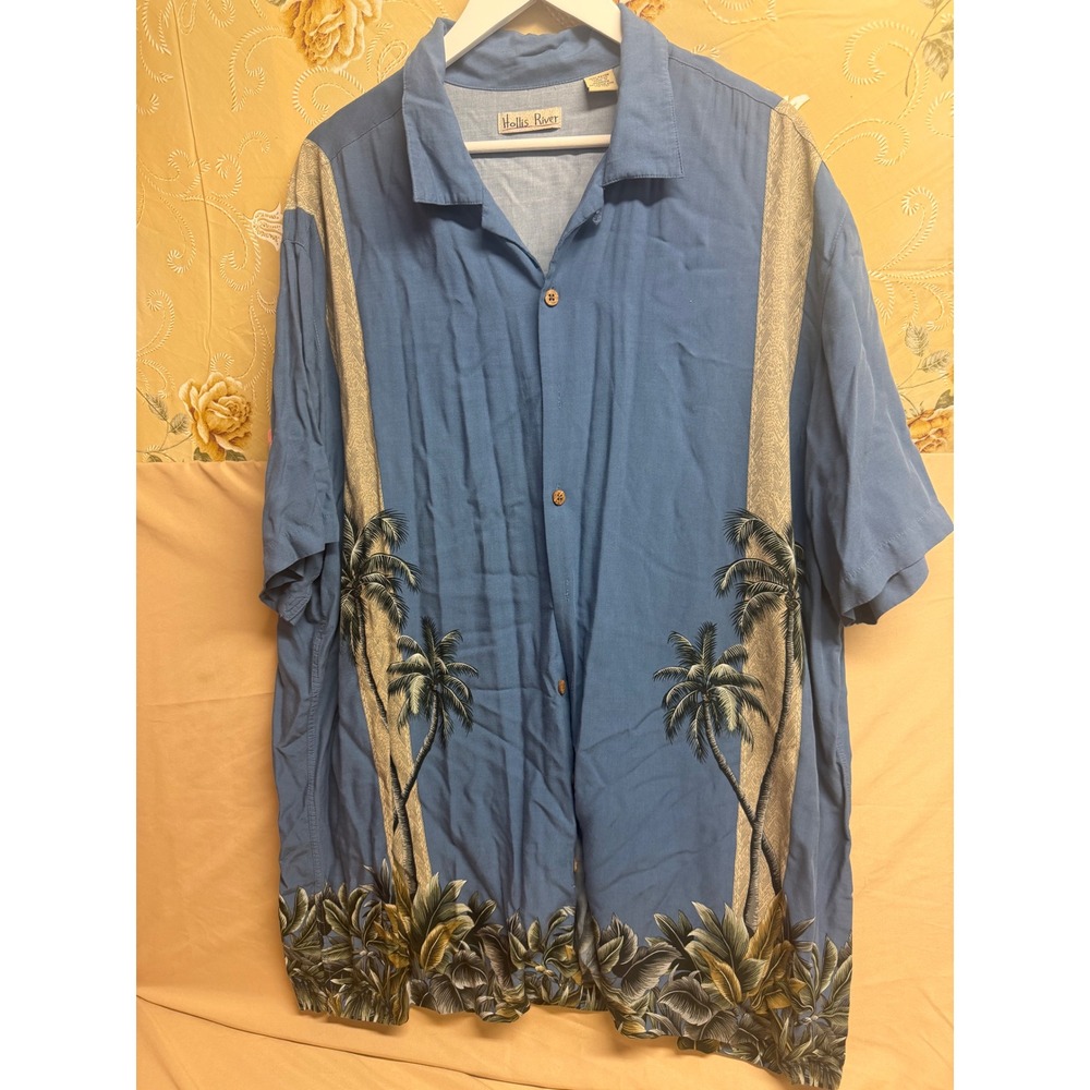 Hollis River Mens 2XLT Hawaiian Shirt Blue Palm Tree Rayon Camp Button Down Tall